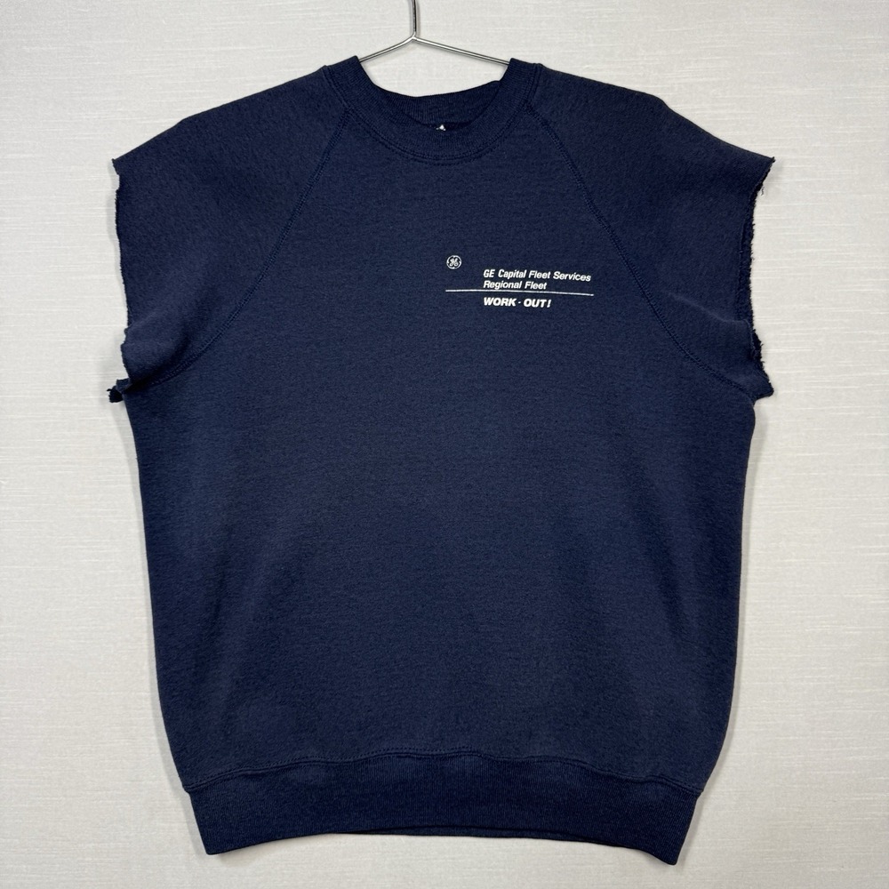 Vintage Lee Cut Off Sweatshirt Men Large Blue GE Fleet Work Out Gym Box 70s 80s